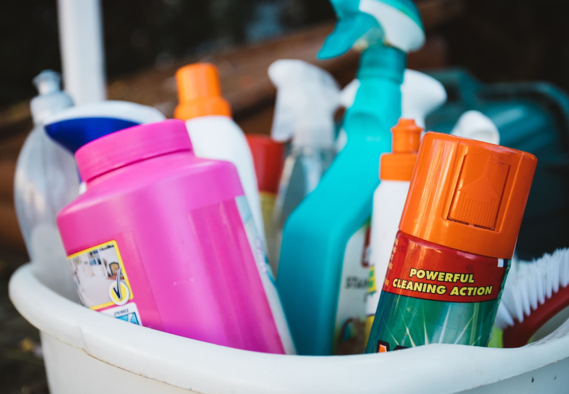 Cleaning supplies in a bucket